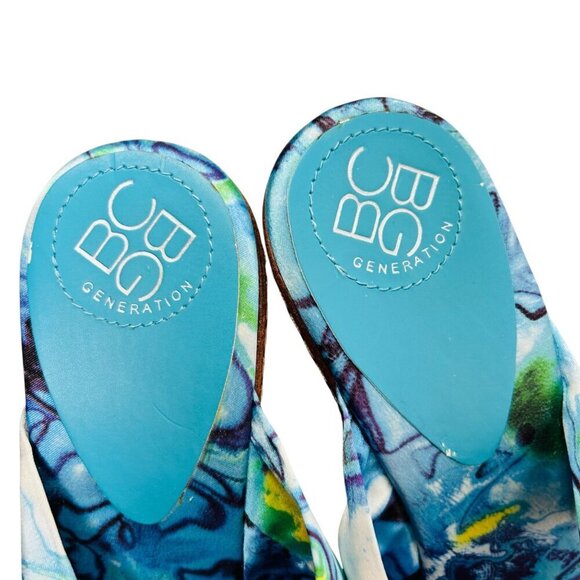 BCBG Size 8.5 Floral Satin Wedge Espadrille Sandal Jute Peep Toe Brunch Coastal - Picture 7 of 8
